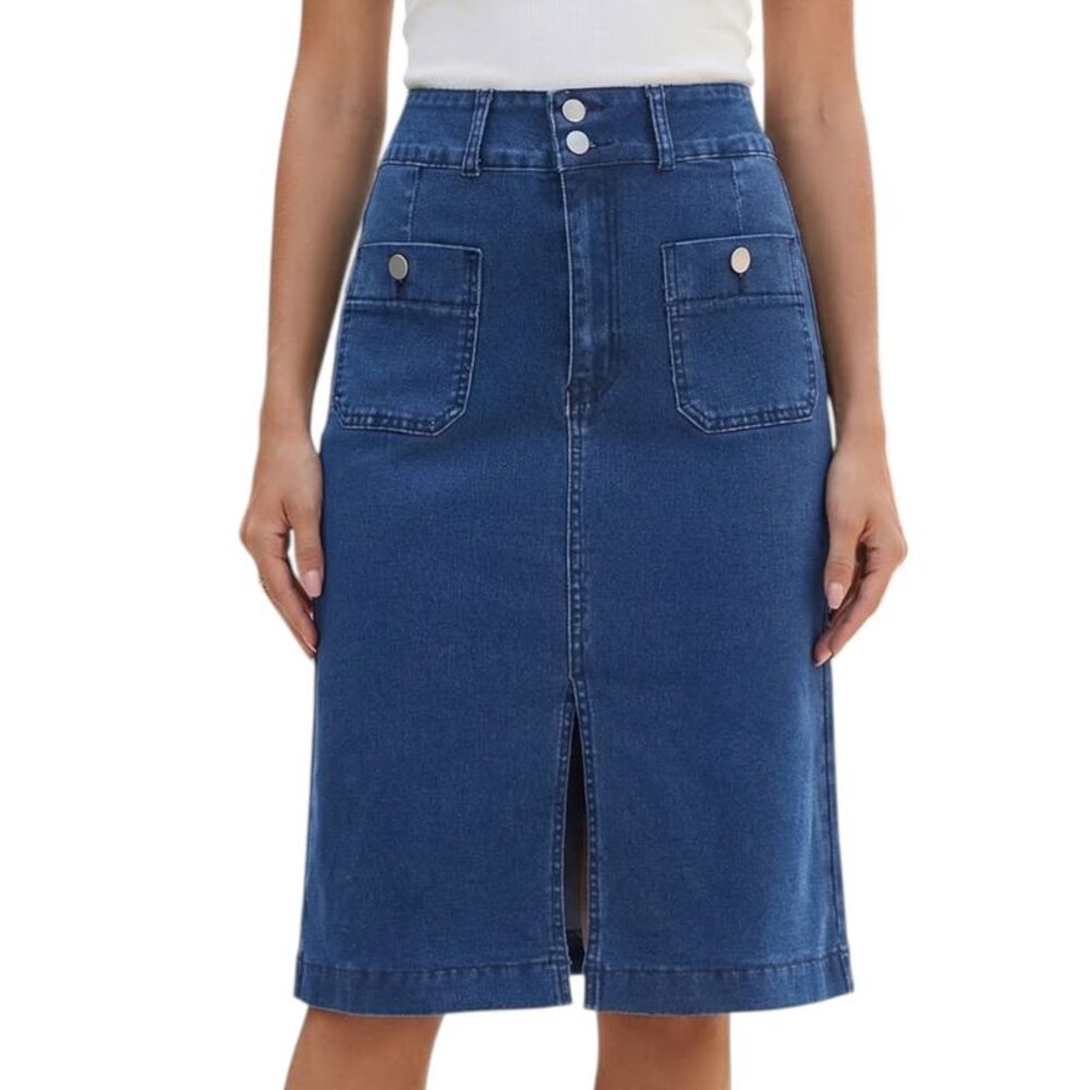 Women High Waisted Stretchy Below Knee Length Denim Jean Skirts Dark Blue